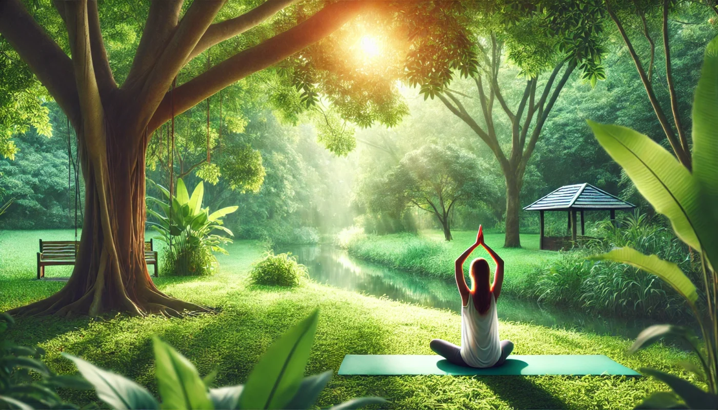 A serene yoga practice in a lush green park under bright sunlight, symbolizing stress reduction and hormonal balance.