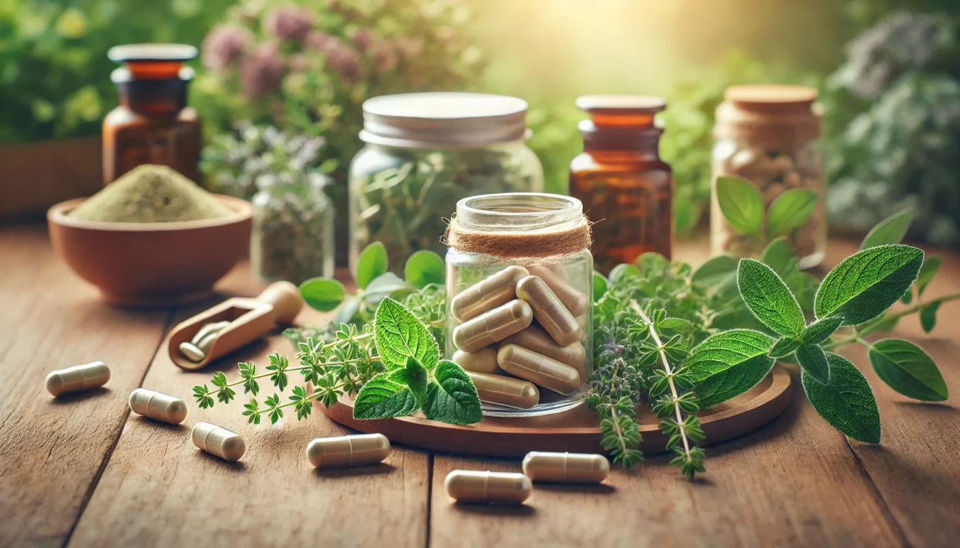 Close-up of herbal supplements and natural remedies placed on a wooden table, emphasizing holistic health approaches.