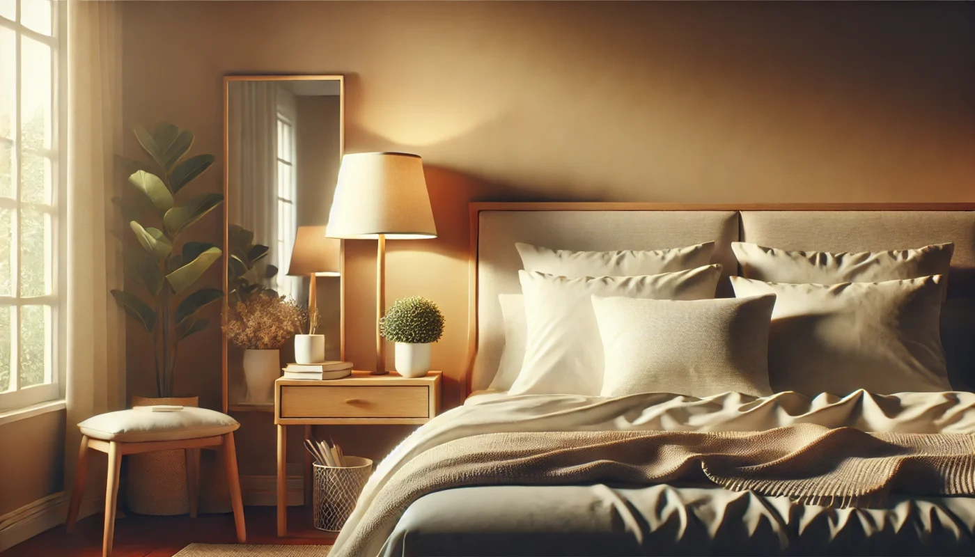 A tranquil bedroom scene featuring soft lighting and a cozy atmosphere, promoting restful sleep for hormone balance.