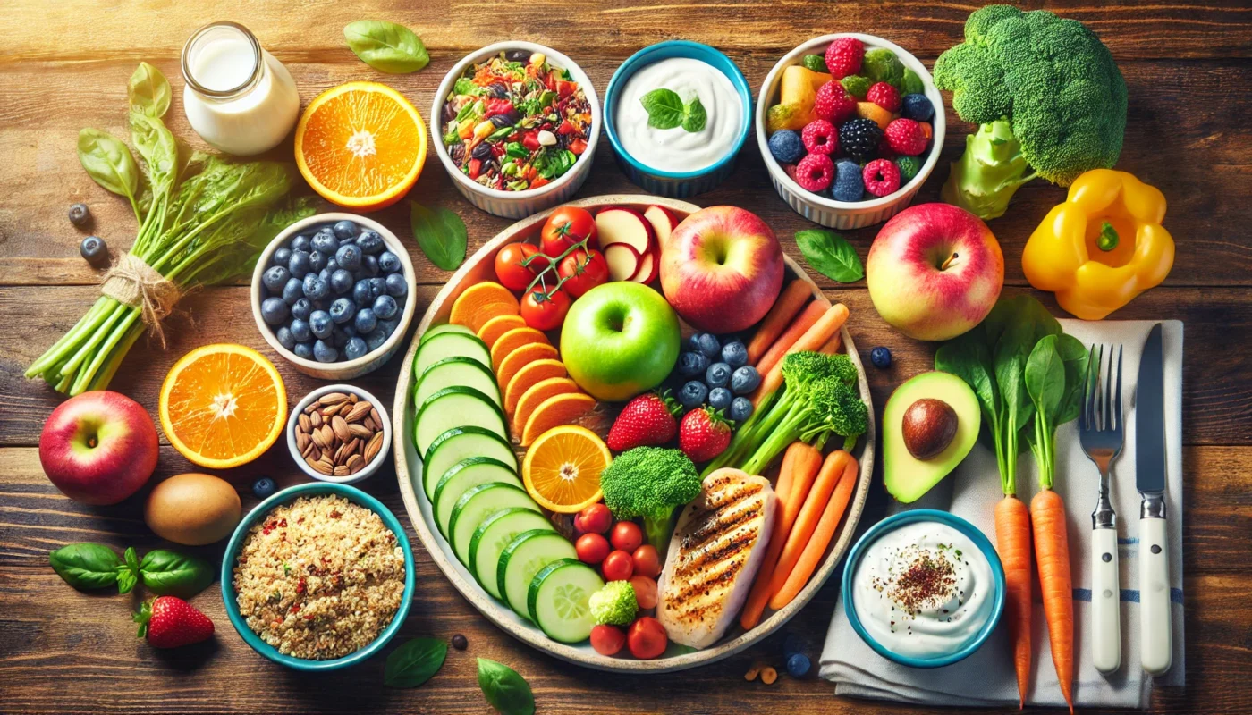 A vibrant horizontal image of a nutritious DASH diet meal spread on a wooden table, featuring colorful fruits like apples and berries, fresh vegetables such as broccoli and carrots, whole grains like quinoa, lean grilled chicken, and a bowl of low-fat yogurt, exemplifying a balanced and healthy eating approach.