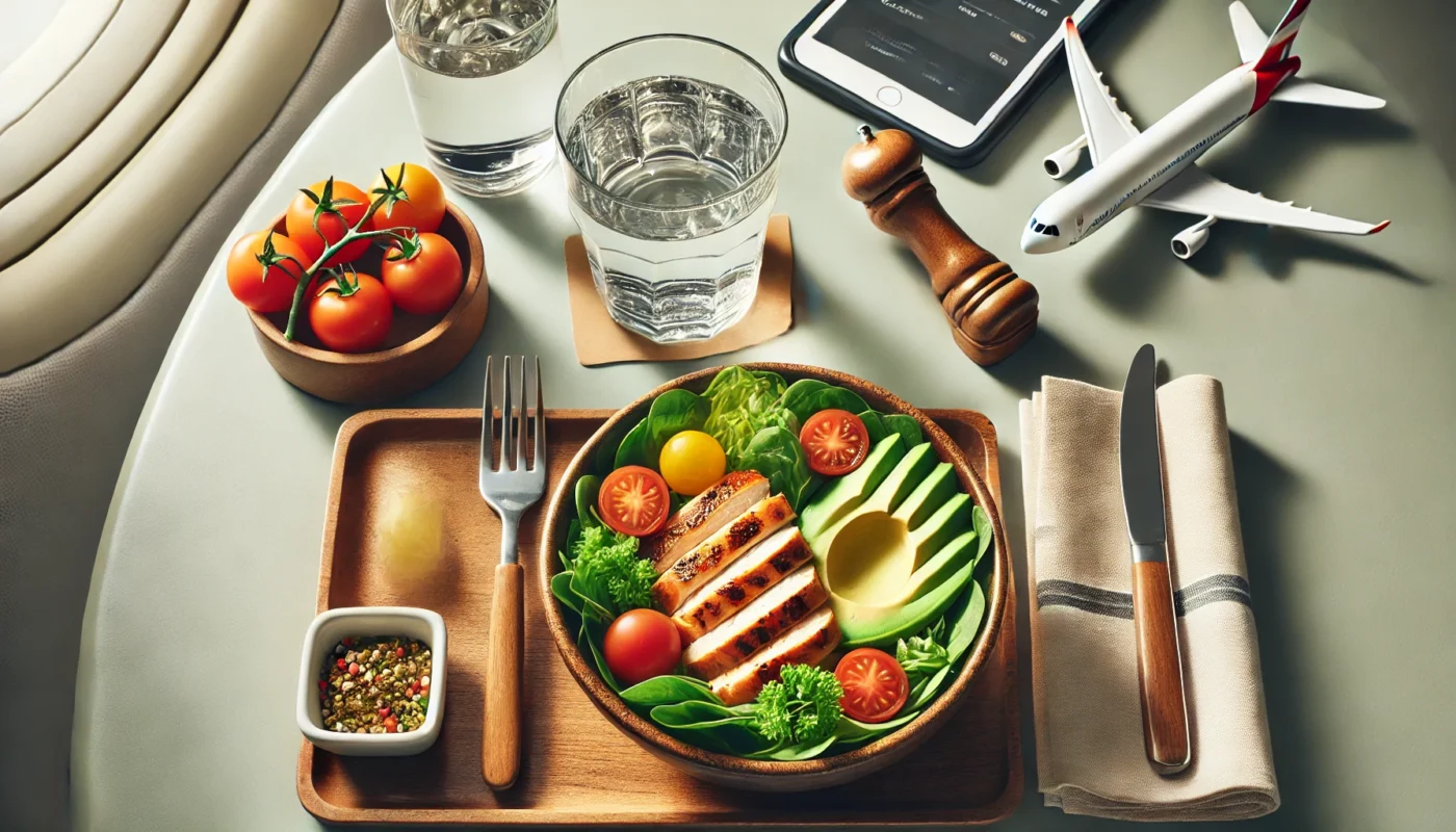 A healthy travel meal featuring a grilled chicken salad with leafy greens, cherry tomatoes, and avocado, served with a glass of water. The meal is set on a clean table with natural lighting, emphasizing heart health and convenience for keeping blood pressure in check while traveling.