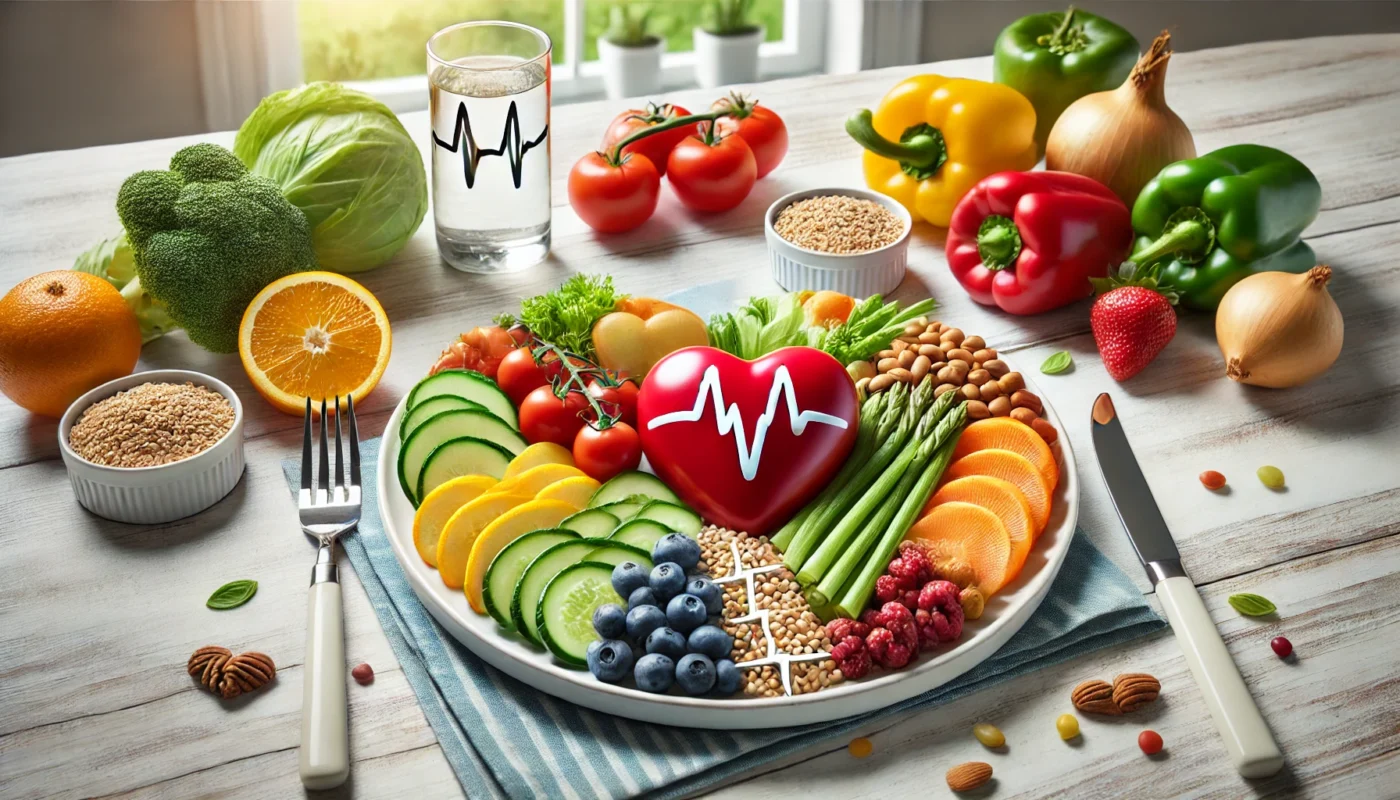 Close-up of a colorful DASH diet-inspired plate with fruits, vegetables, lean proteins, and whole grains, promoting heart health and balanced eating, thus helping to manage hypertension and emotional eating.