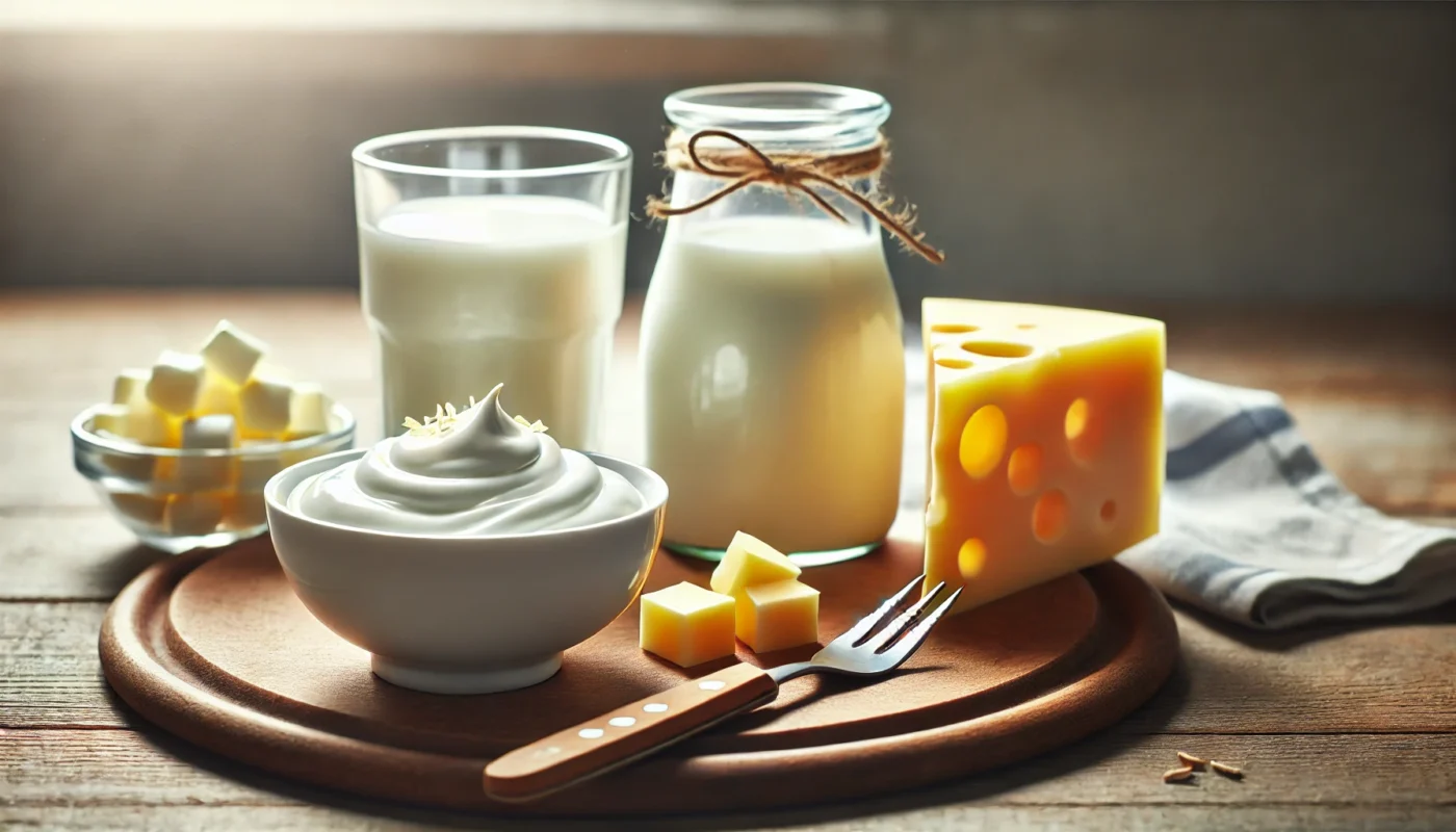 A bright and clean image of dairy protein sources, featuring a bowl of Greek yogurt, a glass of milk, and slices of cheese, arranged neatly on a wooden table with natural lighting.