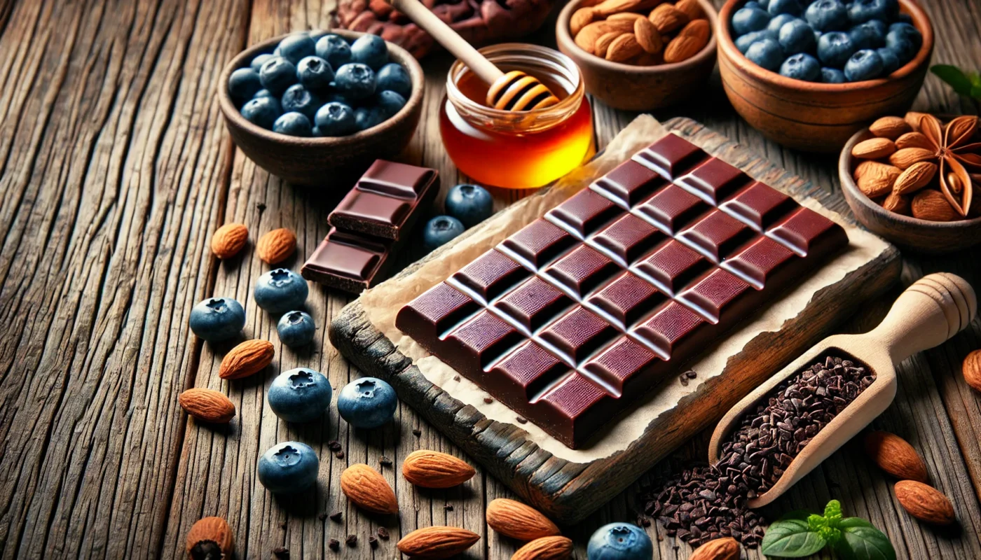 A vibrant widescreen image featuring a close-up of a dark chocolate bar with cocoa nibs, surrounded by healthy foods like almonds, blueberries, and honey, showcasing a balanced and health-conscious presentation.