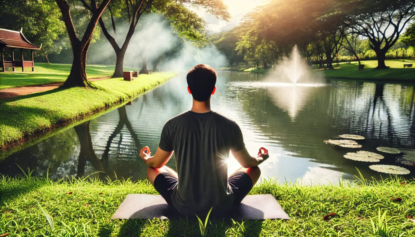 An individual practicing deep breathing exercises outdoors in a tranquil park, sitting cross-legged on the grass near a serene pond. The scene includes gentle sunlight filtering through trees, creating a calming environment for stress management and relaxation.