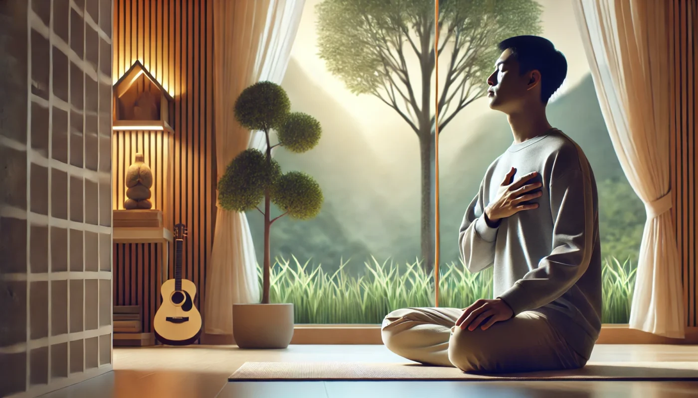A person sitting in a serene indoor space, practicing diaphragmatic breathing exercise with one hand on their chest and the other on their abdomen, promoting relaxation and blood pressure control.