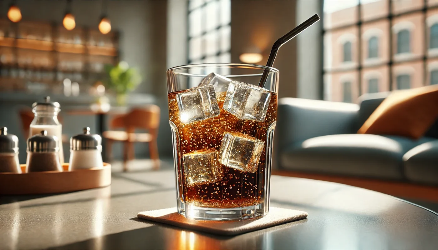 A clean and text-free horizontal landscape image showing a glass of diet soda with ice cubes and a straw, placed on a modern table in natural daylight, representing beverages with artificial sweeteners.