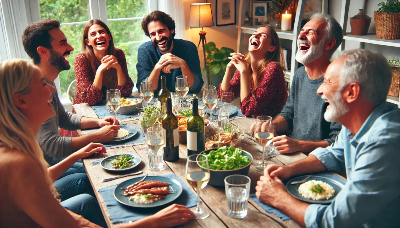 A small group of people gathered around a table, laughing and sharing stories during a relaxed dinner party, capturing joy and social bonding.