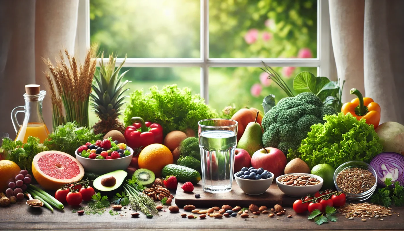 A vibrant, widescreen horizontal image showcasing a variety of anti-inflammatory foods, including colorful vegetables, fresh fruits, nuts, whole grains, and a glass of water, elegantly arranged on a wooden table. The setting features natural lighting with a lush green background seen through a window, creating a peaceful and health-focused ambiance.