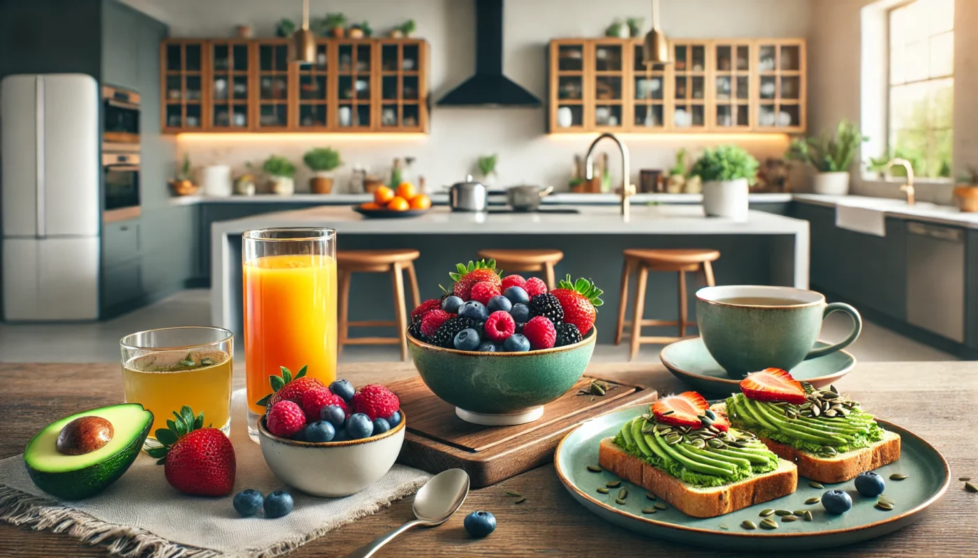 A vibrant, widescreen image showcasing an elegant breakfast spread rich in antioxidants on a modern kitchen island. The spread includes a bowl of mixed berries, a glass of freshly squeezed orange juice, avocado toast garnished with pumpkin seeds, and a cup of green tea. The minimalist kitchen in the background has bright lighting and natural wood accents, emphasizing health and freshness.