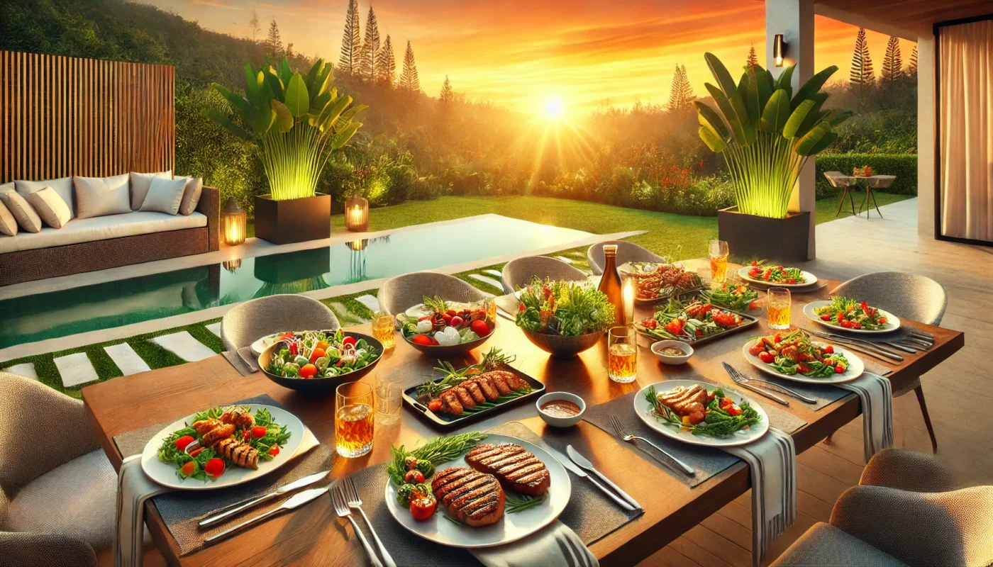 An elegant dining setup featuring grilled lean meats, fresh vegetable side dishes, and colorful salads on a modern patio during a serene sunset. The warm golden glow of the sunset highlights the health-conscious meal and lush greenery in the background.