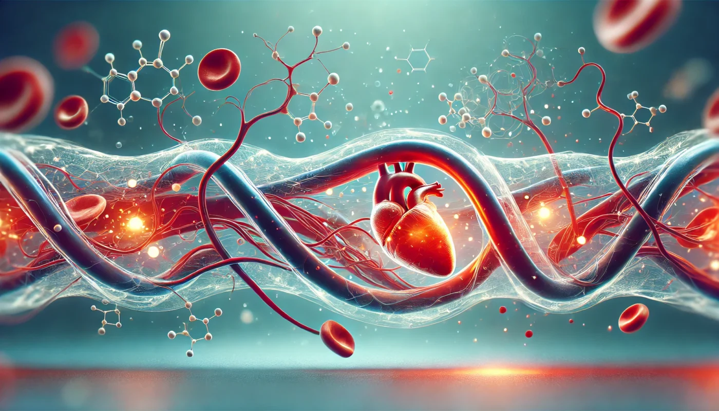 A clean and futuristic horizontal illustration depicting endothelial dysfunction in hypertension. The image focuses on a blood vessel cross-section with glowing molecular interactions symbolizing oxidative stress and reduced nitric oxide levels, designed to be abstract, scientific, and entirely text-free for medical and educational purposes.