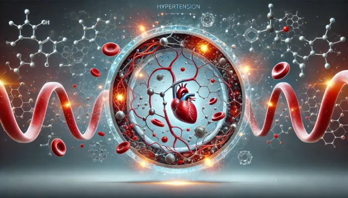 A horizontal illustration depicting endothelial dysfunction in hypertension. The image features a detailed cross-section of a blood vessel with glowing molecular pathways symbolizing nitric oxide reduction and oxidative stress, presented in a clean, futuristic, and entirely text-free design.