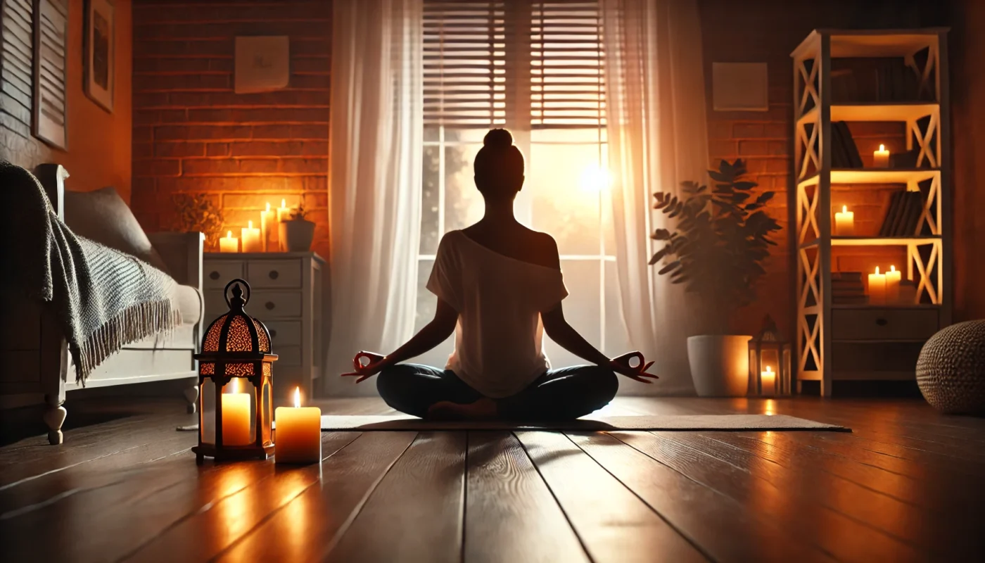 A calm evening scene with a person sitting cross-legged on the floor of a dimly lit room, practicing 4-7-8 breathing for relaxation and stress reduction, with soft candlelight in the background.