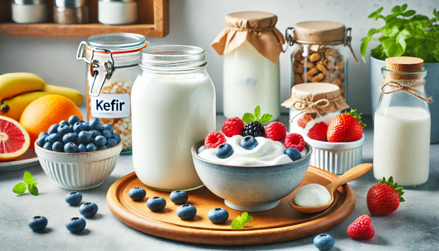 A jar of plain kefir and a bowl of probiotic-rich yogurt topped with fresh berries, set on a bright kitchen counter. Highlights the role of fermented dairy in promoting heart health and managing hypertension.