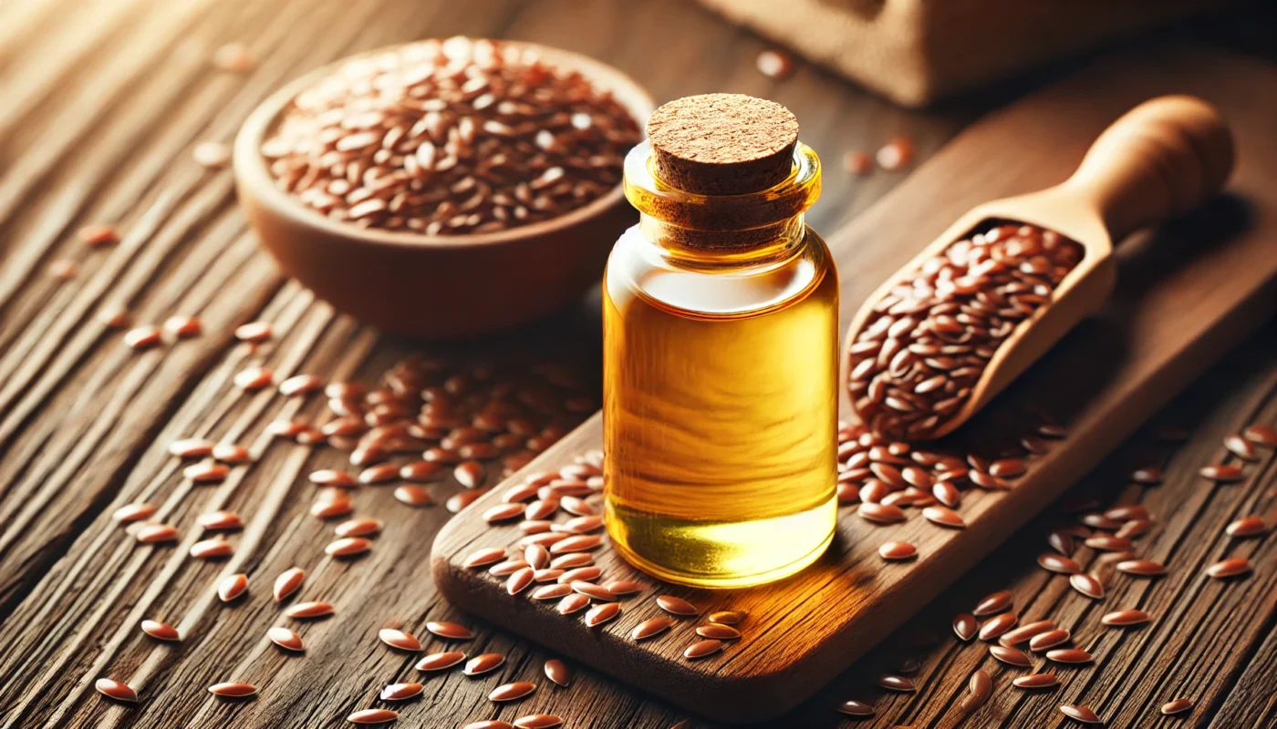 A clean, widescreen image featuring flaxseed oil in a small bottle with flaxseeds scattered on a wooden surface, highlighting its rich omega-3 content and anti-inflammatory benefits.