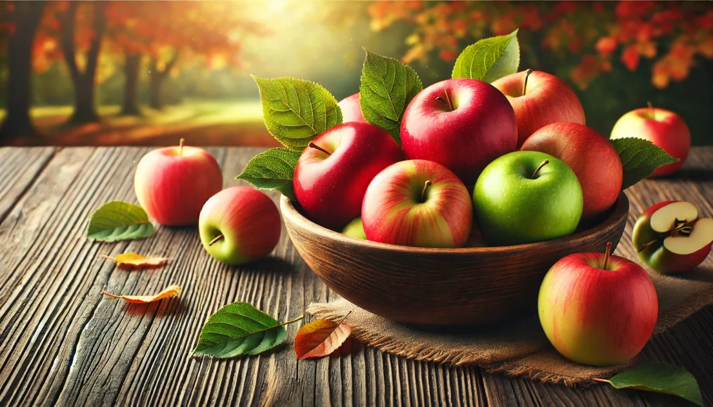 A vibrant, widescreen image showcasing a bowl of colorful apples in red, green, and yellow hues on a rustic wooden table, with autumn leaves and a softly blurred natural background.