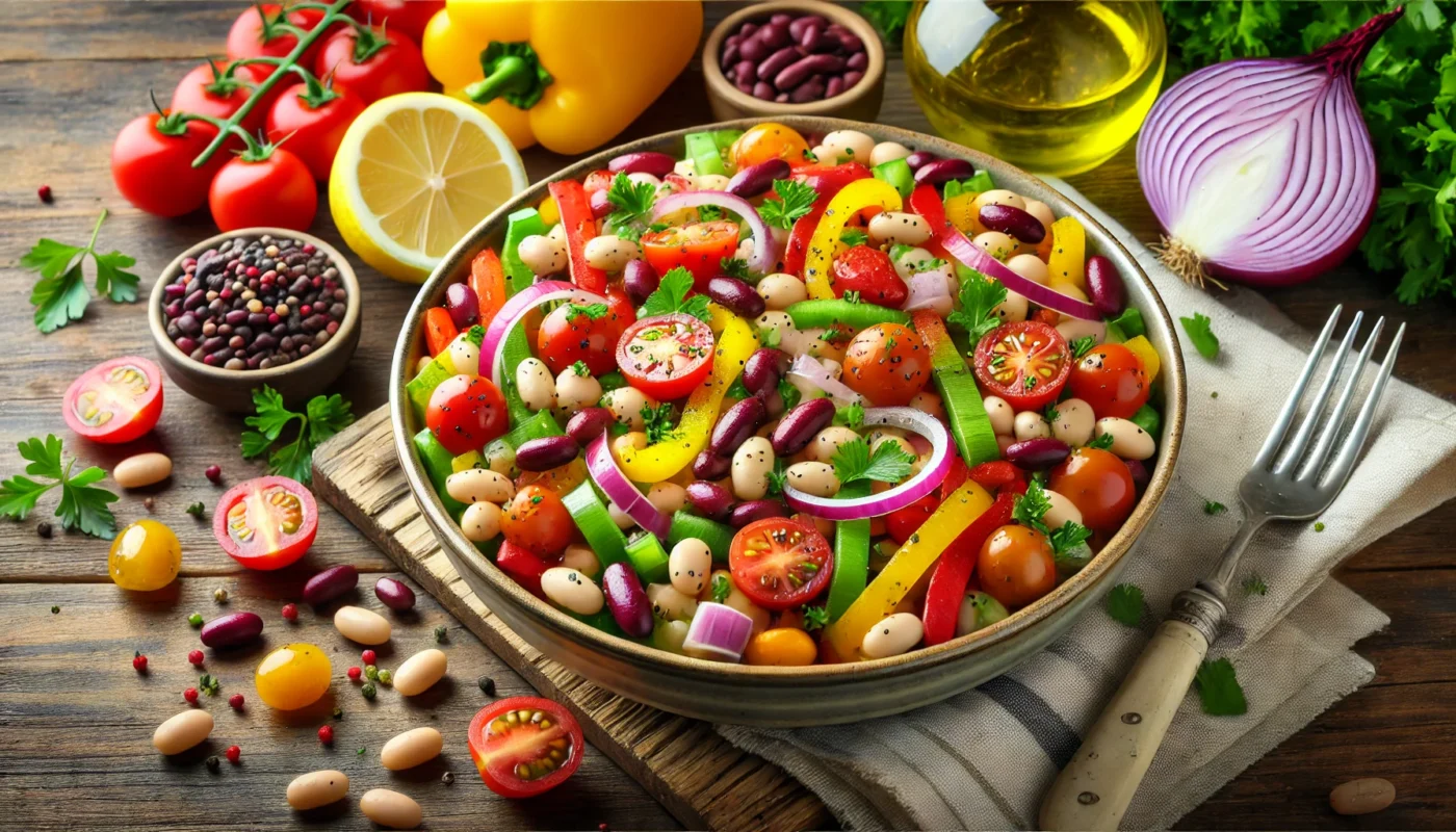 A vibrant, widescreen horizontal image showcasing a healthy bean salad with colorful vegetables like diced bell peppers, cherry tomatoes, red onions, and parsley, combined with black beans, kidney beans, and white beans, served in a ceramic bowl on a wooden table with olive oil and lemon slices nearby.