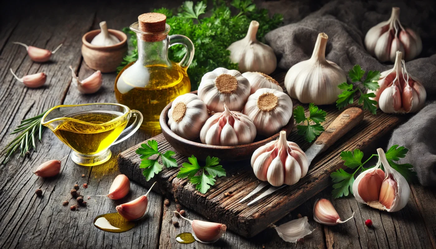 Is garlic anti inflammatory? This is a widescreen image of fresh garlic bulbs and cloves scattered on a rustic wooden table, surrounded by sprigs of parsley and a drizzle of olive oil, emphasizing the natural anti-inflammatory properties of garlic.