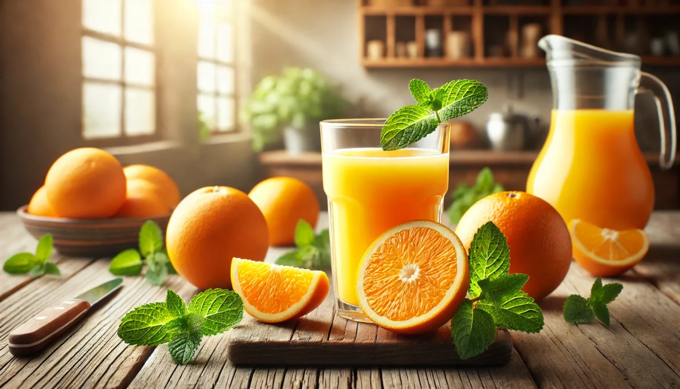 A high-resolution widescreen image showcasing fresh oranges and a glass of orange juice on a wooden kitchen table, surrounded by whole and sliced oranges and a sprig of mint. The scene highlights natural sources of Vitamin C for inflammation.