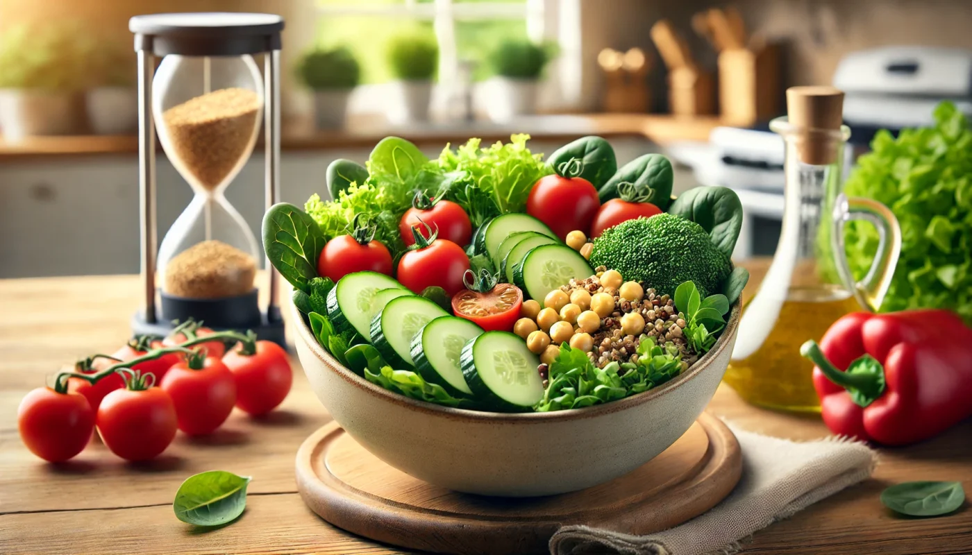 A vibrant salad bowl with leafy greens, cherry tomatoes, cucumbers, chickpeas, and quinoa, drizzled with light vinaigrette. The blurred kitchen background emphasizes freshness and the health benefits of a plant-based diet for hypertension.