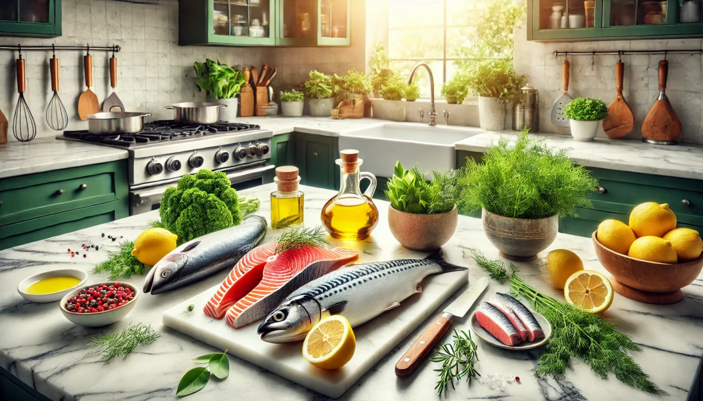 A vibrant, widescreen horizontal image showcasing a fresh seafood preparation scene in a modern kitchen. The centerpiece features raw anti-inflammatory fish like salmon and mackerel on a marble countertop, surrounded by healthy garnishes such as lemon slices, fresh dill, and olive oil. The soft natural light highlights sleek kitchen elements and potted green herbs, creating a healthy and elegant culinary atmosphere.