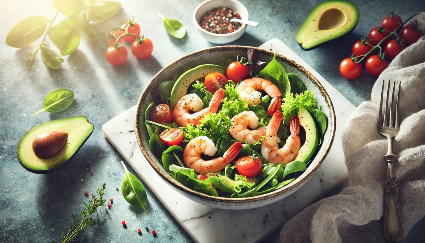 A vibrant, widescreen image showcasing a bowl of fresh shrimp salad, featuring mixed greens, avocado slices, cherry tomatoes, and a light vinaigrette. The salad is arranged in an elegant ceramic bowl placed on a marble countertop with sunlight filtering through a nearby window. The composition emphasizes the freshness and healthiness of the ingredients, with shrimp as the centerpiece.