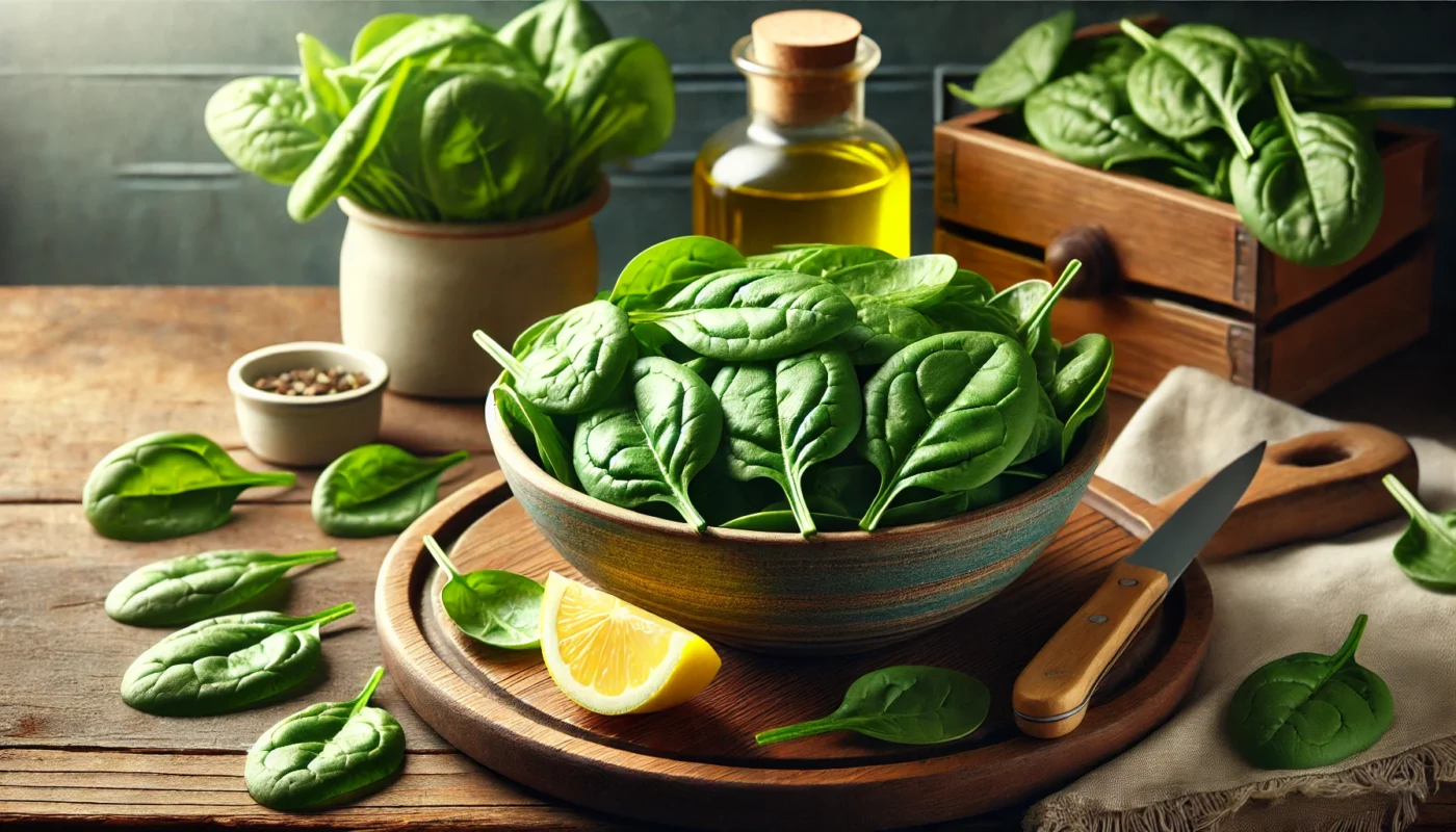 A high-resolution widescreen image of a bowl filled with fresh green spinach leaves on a wooden kitchen counter, accompanied by a small jar of olive oil and a lemon wedge. The scene highlights spinach's natural anti-inflammatory properties and its role as a natural NSAID rich in antioxidants.