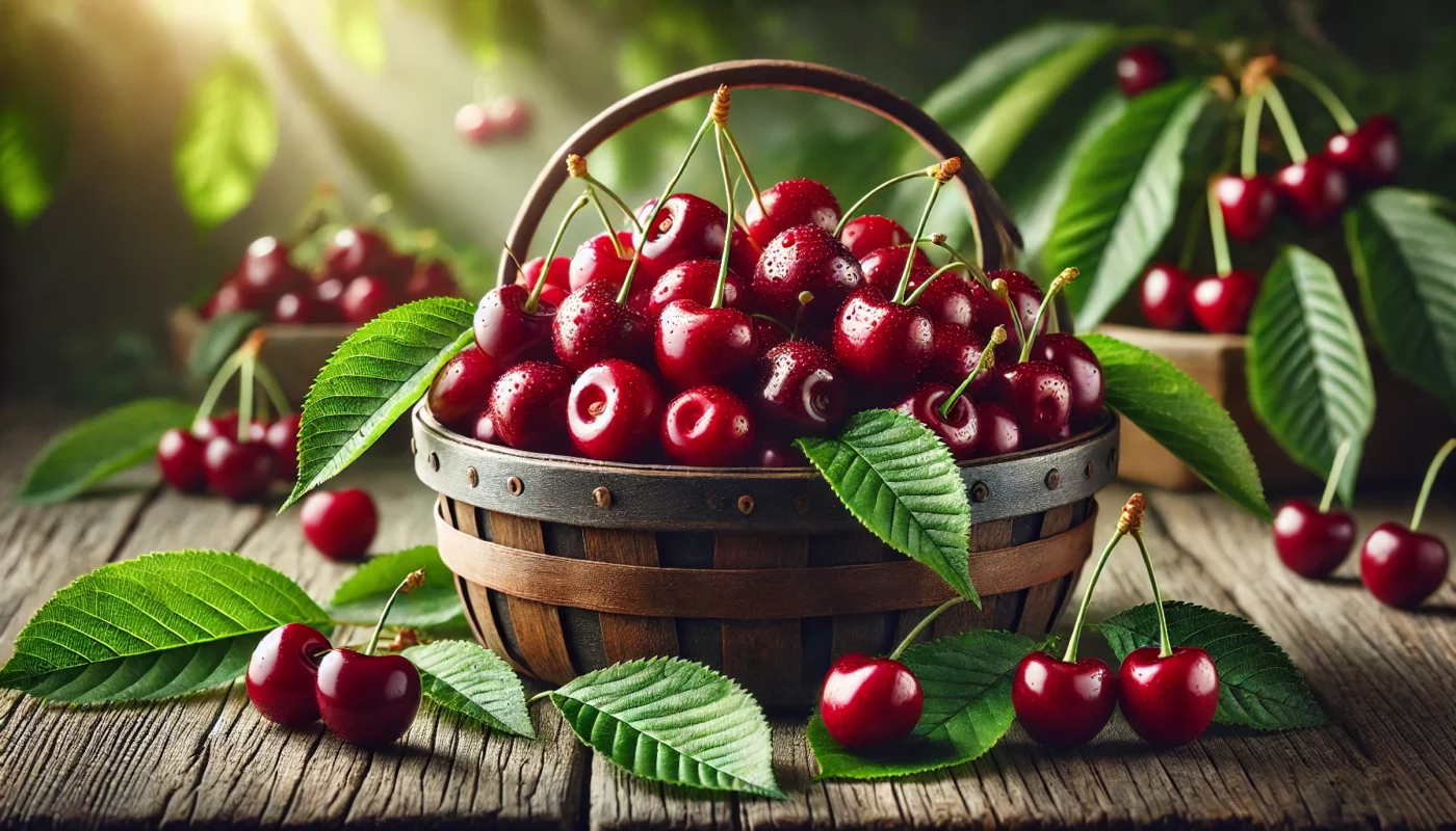 Are cherries good for arthritis? This is a high-resolution widescreen image showcasing fresh tart cherries in a rustic wooden basket on a wooden table, surrounded by green leaves. The cherries are glistening, emphasizing their freshness and natural health benefits for arthritis relief.