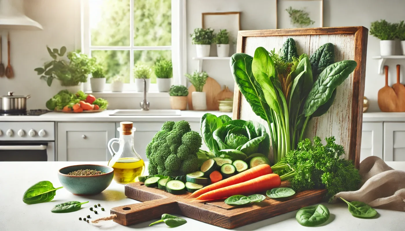 A high-resolution widescreen image featuring fresh leafy vegetables like spinach, kale, and carrots on a wooden cutting board in a bright kitchen. A small bowl of olive oil and a glass of water complement the setup, highlighting the importance of vitamins for gut inflammation