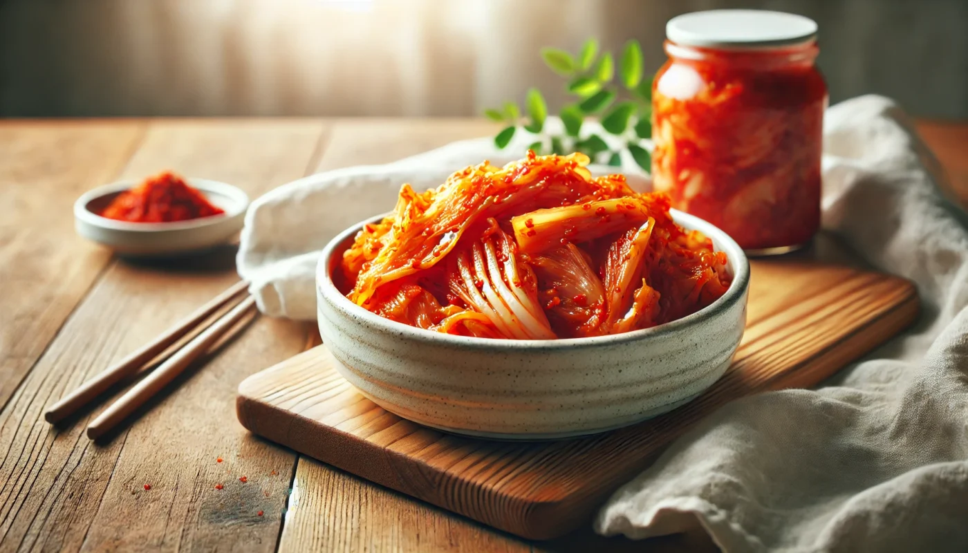 A clean and text-free image of a bowl of freshly made kimchi, featuring vibrant orange and red colors, placed on a wooden table with natural light and a minimalist background.