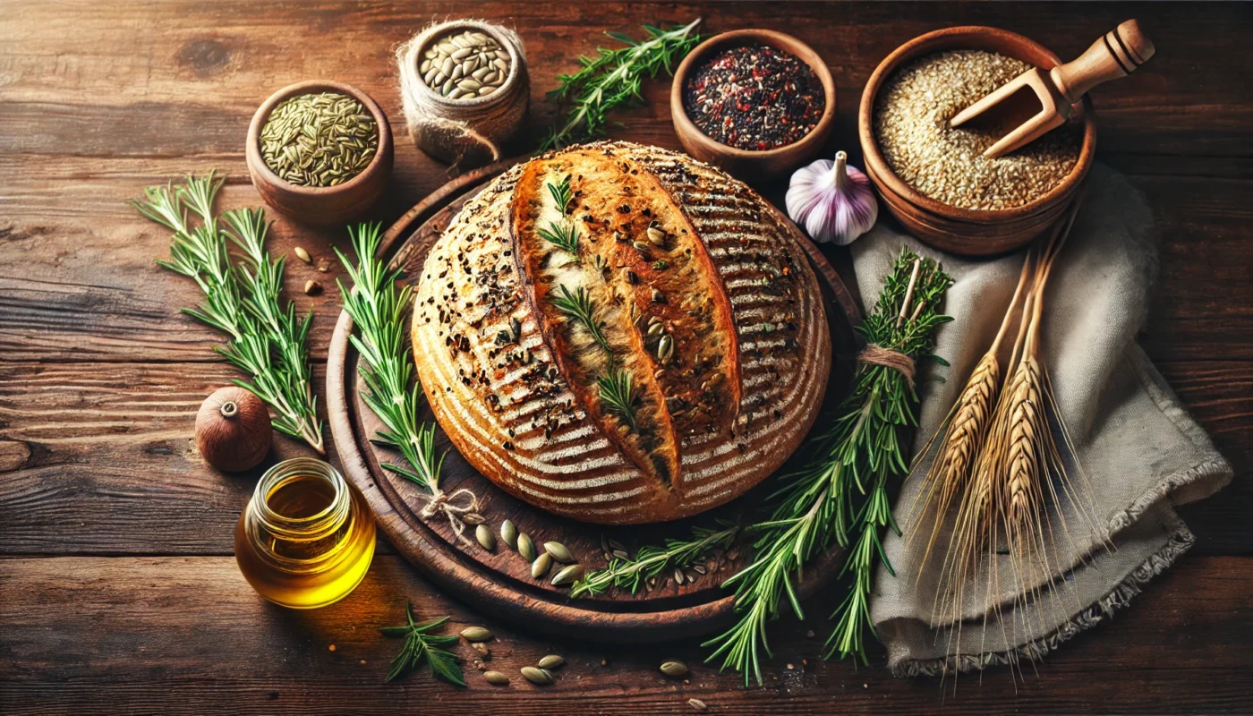 A vibrant, widescreen horizontal image showcasing a freshly baked loaf of anti inflammatory bread, made with whole grains and seeds, placed on a wooden cutting board surrounded by wholesome ingredients like flaxseeds, oats, and fresh herbs, emphasizing its health benefits.