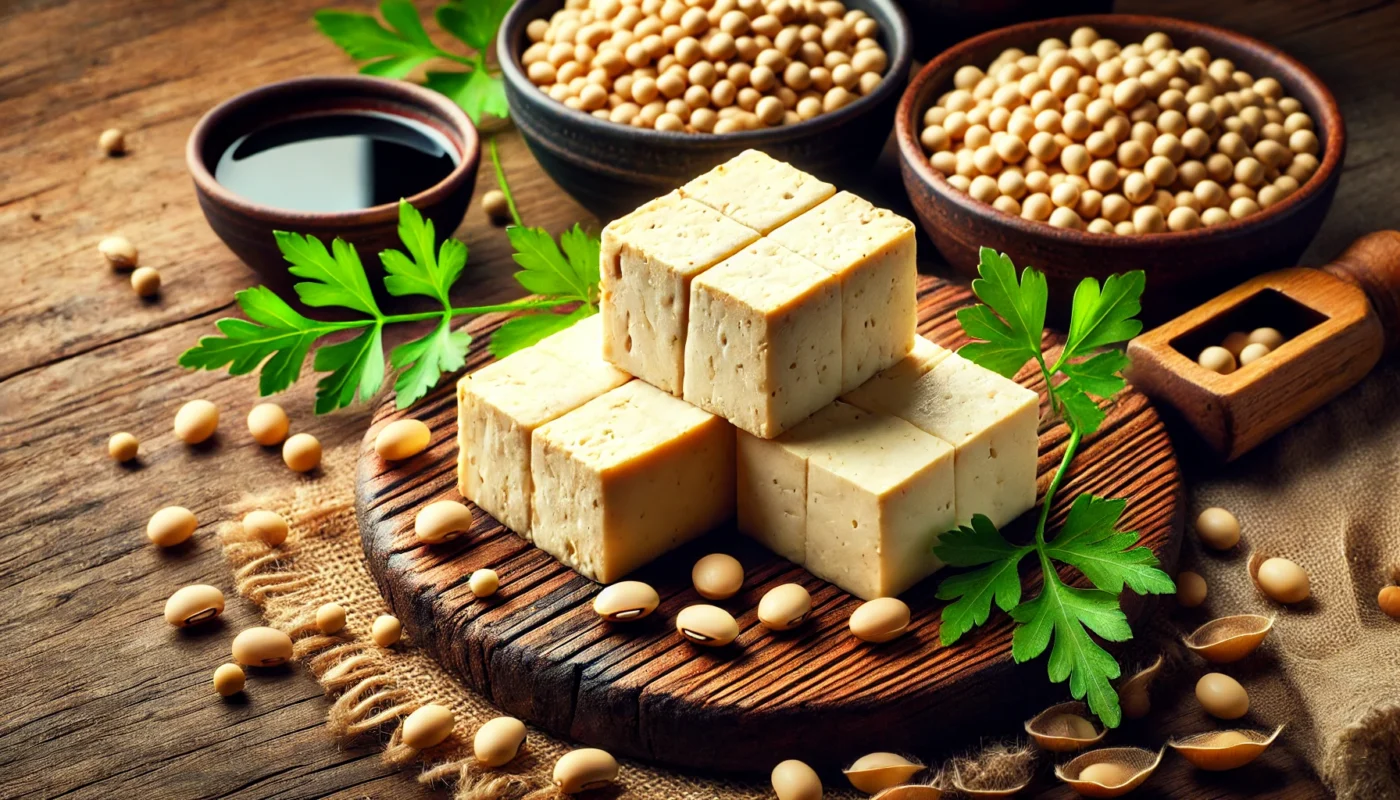 Does tofu cause inflammation? This is a vibrant, widescreen horizontal image showcasing a close-up of tofu cubes on a rustic wooden cutting board surrounded by raw soybeans, parsley sprigs, and a bowl of soy sauce, symbolizing the freshness and nutritional value of tofu.