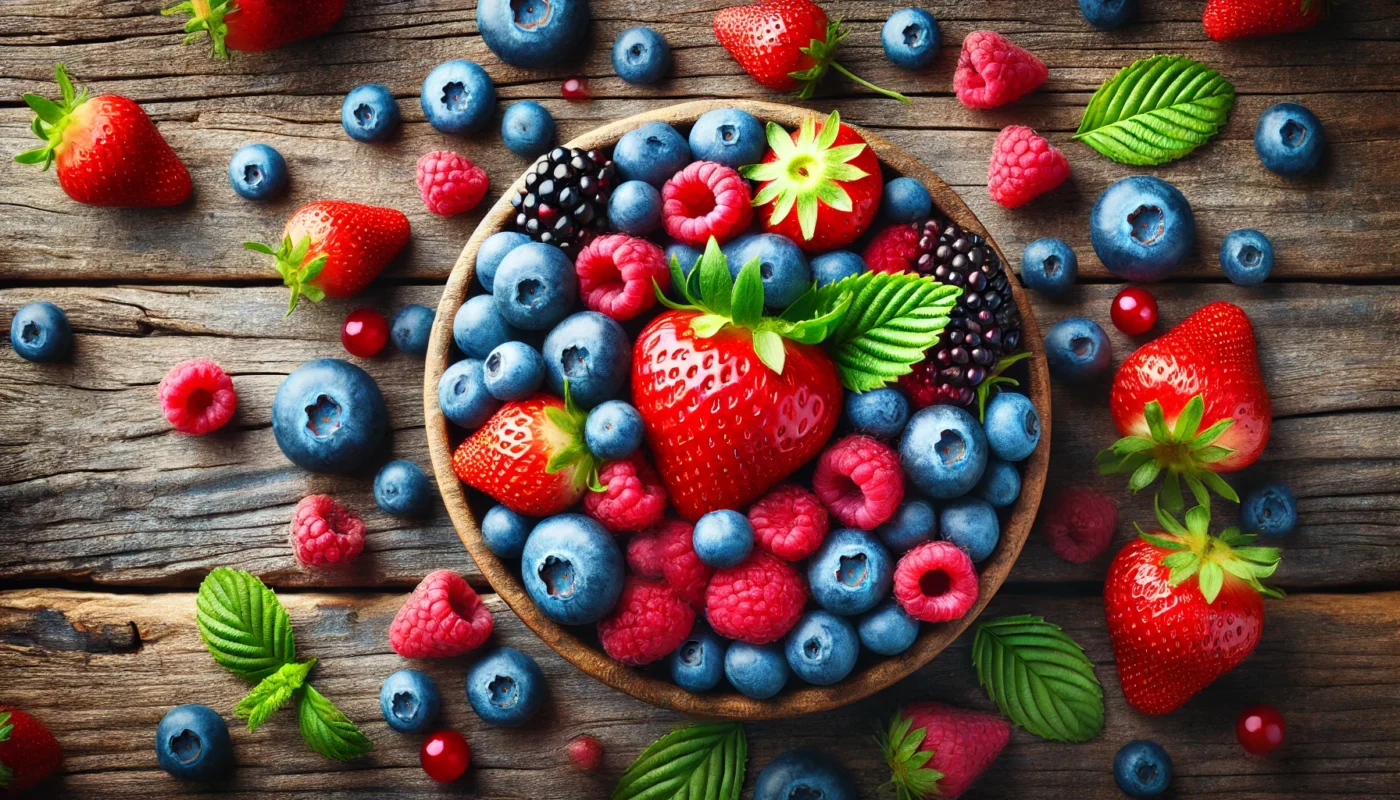 A vibrant, close-up shot of fresh berries, including strawberries, blueberries, and raspberries, arranged on a rustic wooden table, highlighting their rich colors and textures.