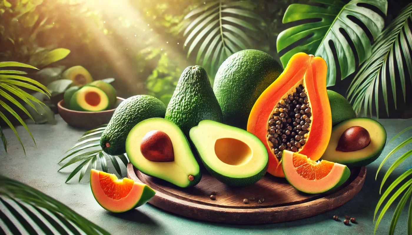 A vibrant display of halved avocados and papayas, showcasing their creamy green and rich orange interiors, set alongside whole fruits in a lush, natural setting with soft, warm lighting.