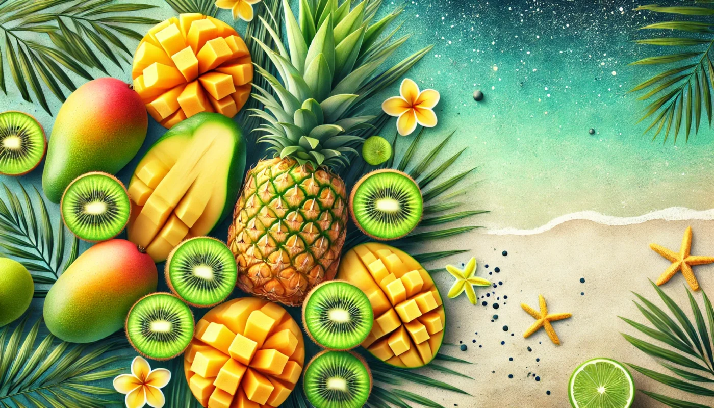 A tropical-themed arrangement featuring sliced kiwis, pineapples, and mangoes with vibrant green, yellow, and orange hues, elegantly displayed on a beach-inspired background.