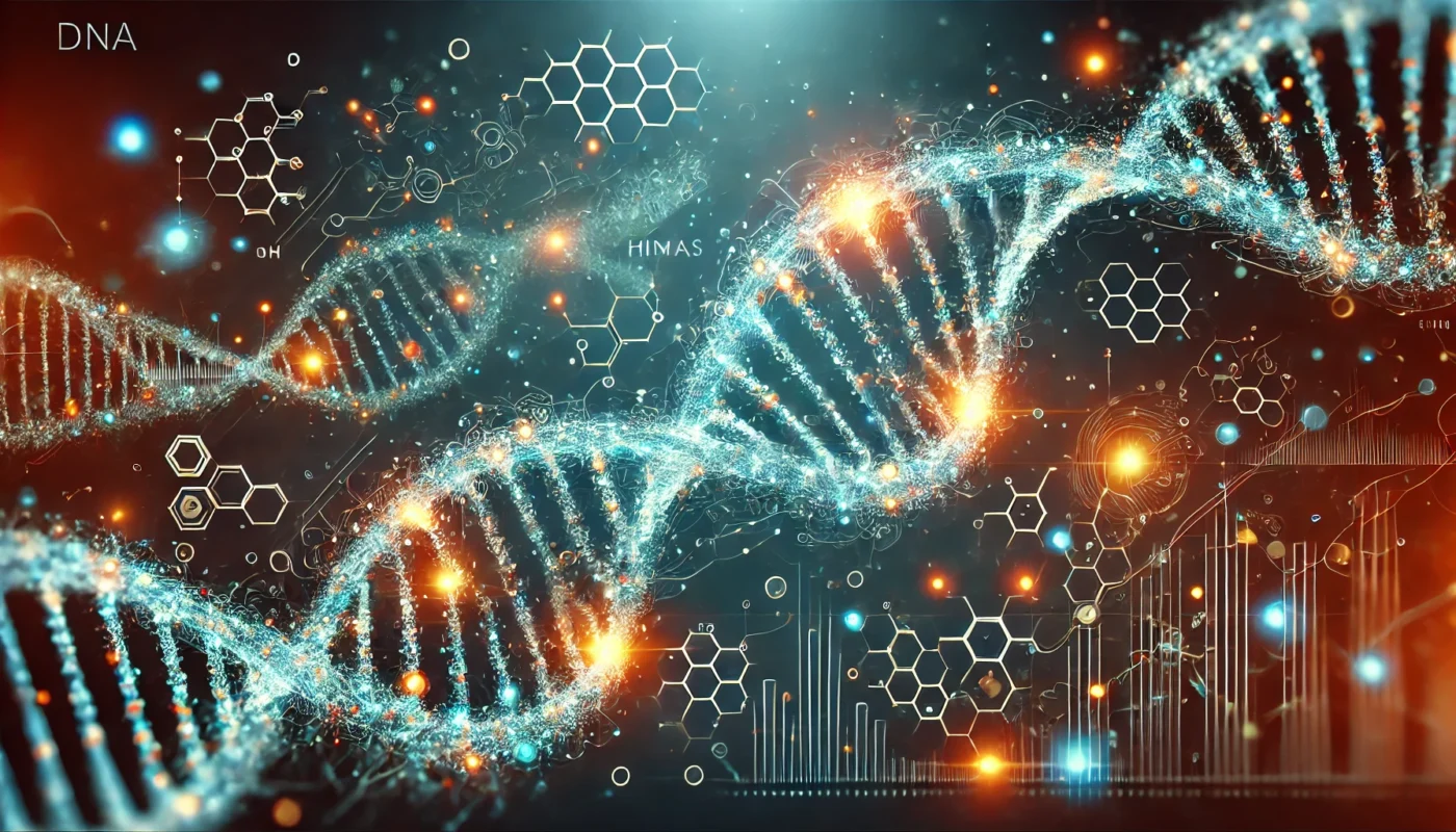 A futuristic and artistic illustration of glowing DNA strands with highlighted epigenetic markers, including methyl groups and histones. The image features a clean abstract background with soft glowing particles to symbolize environmental influences on gene expression. The design is visually detailed, with no text, letters, or symbols, perfectly representing the concept of epigenetics in a scientific and medical context.