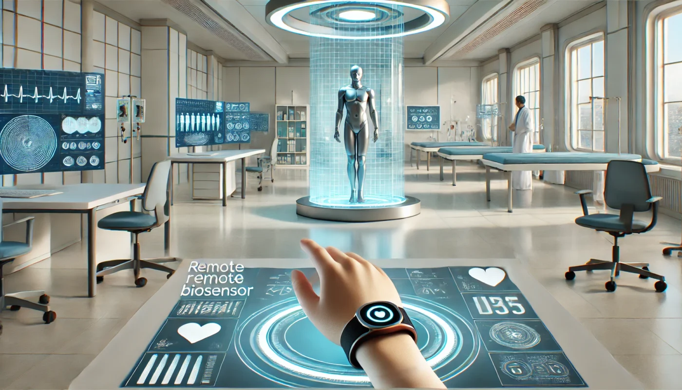 A futuristic healthcare lab showcasing a sleek wearable biosensor displayed on a mannequin hand, surrounded by holographic displays of health metrics in a modern, brightly lit setting with advanced medical technology. No text or letters are present.