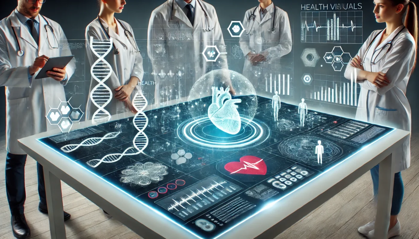 A conceptual futuristic healthcare scene where doctors collaborate around a holographic table, displaying glowing big data visuals like hearts, DNA strands, and analytics graphs, with no visible text.
