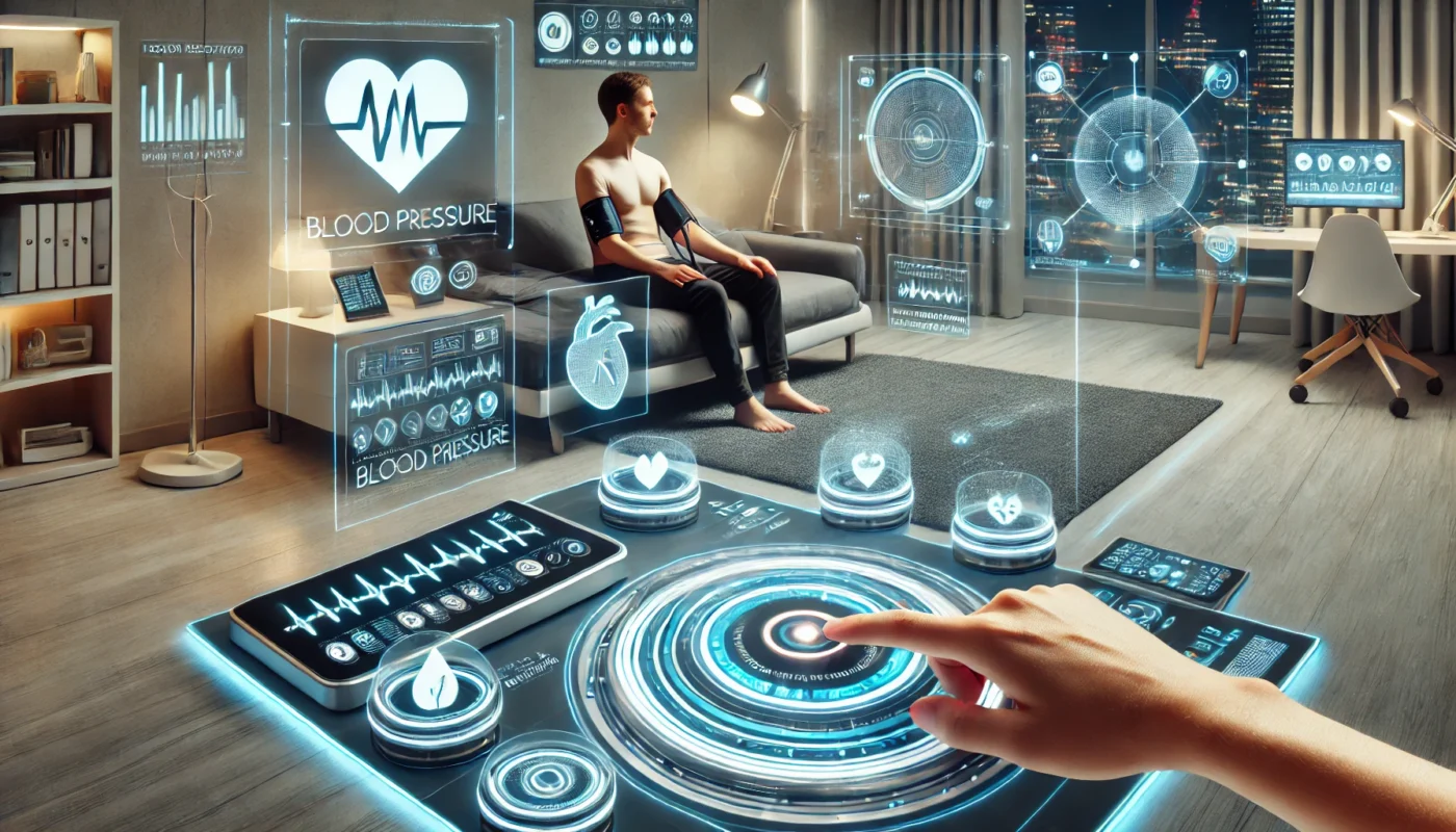 A futuristic home setting where a patient uses a sleek smart health monitoring device for blood pressure tracking, with glowing charts, graphs, and heart symbols connected to nearby devices, free of text.