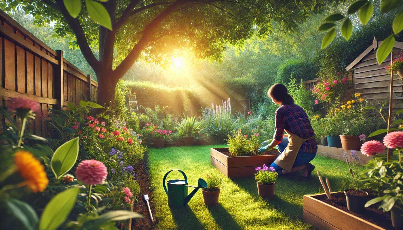 A serene, horizontal image of a person gardening in a lush backyard with vibrant flowers, a raised garden bed, and gardening tools, emphasizing the stress-relieving benefits of gardening for hypertension management.