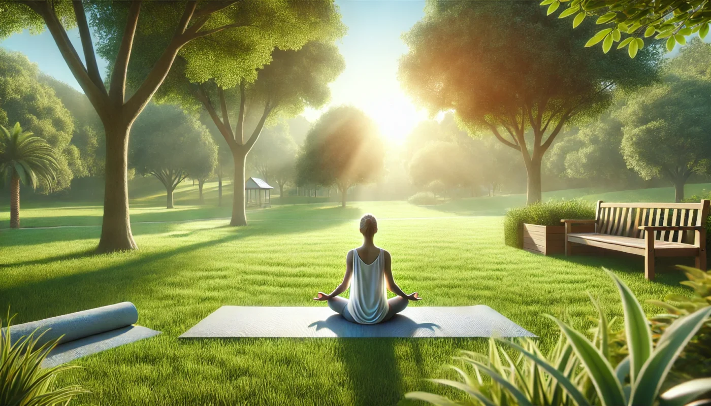 A tranquil, widescreen horizontal image of a person practicing gentle yoga on a mat in an outdoor park, surrounded by soft grass, scattered trees, and a clear blue sky, symbolizing mindfulness and relaxation for stress reduction and managing hypertension naturally.