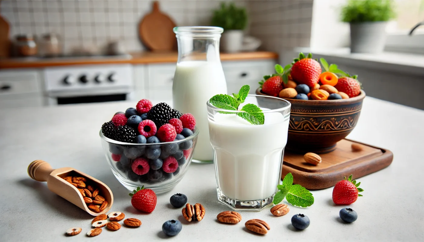 A beautiful setup featuring a glass of kefir garnished with a sprig of mint, alongside a bowl of mixed berries and nuts on a clean kitchen counter. Highlights the role of probiotics in managing hypertension and promoting overall health.