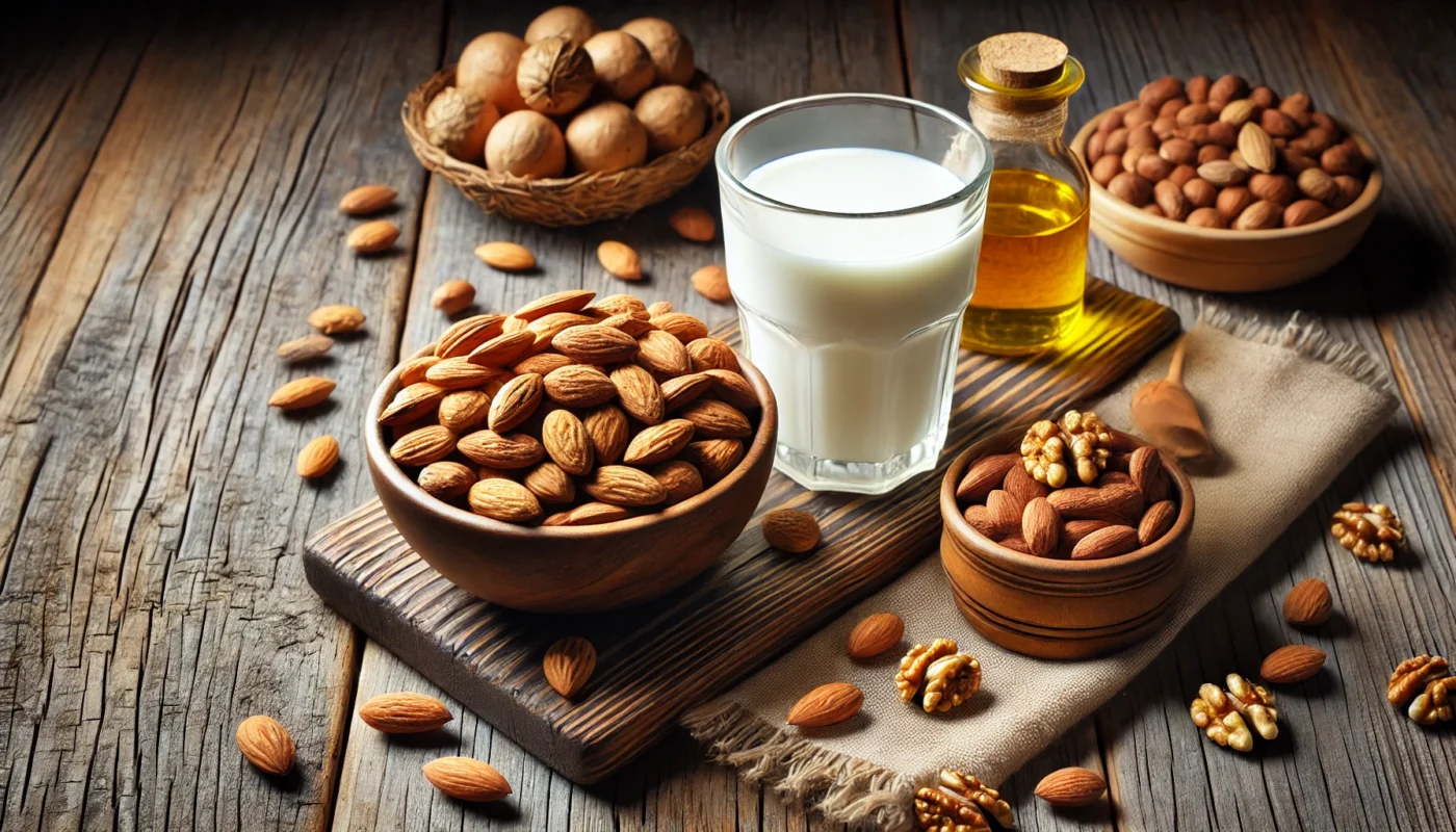 A high-resolution widescreen image featuring a glass of fortified milk and a bowl of mixed nuts, including almonds and walnuts, on a rustic wooden table. The scene highlights the importance of Vitamin D and Vitamin E in reducing gut inflammation and supporting overall gut health.