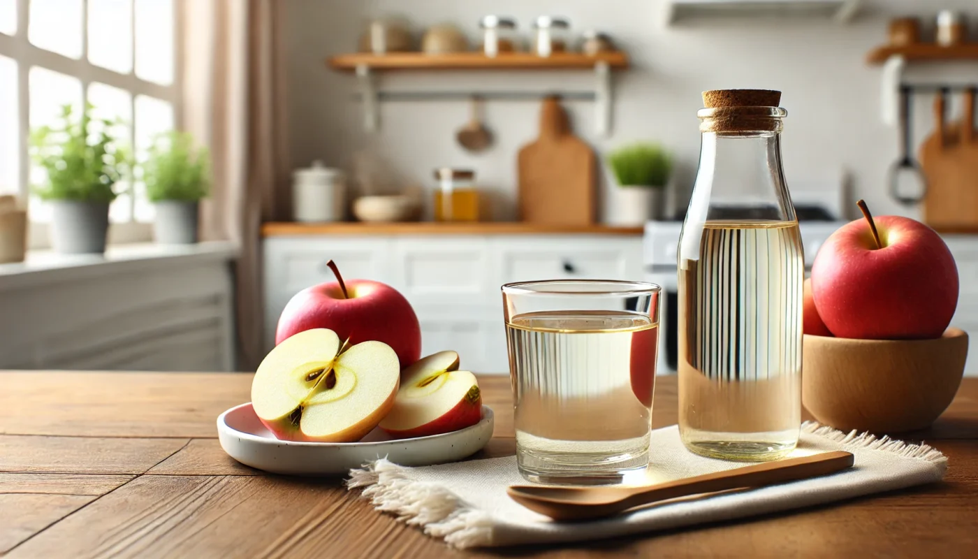 A health-focused arrangement featuring a glass of water mixed with apple cider vinegar, accompanied by a spoon and sliced apples, on a wooden table. A bright kitchen background highlights simplicity and wellness.