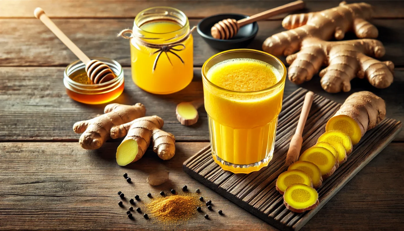 A vibrant and clean horizontal image featuring a refreshing glass of golden turmeric and ginger juice surrounded by fresh turmeric roots, ginger, honey, and black pepper on a rustic wooden table.