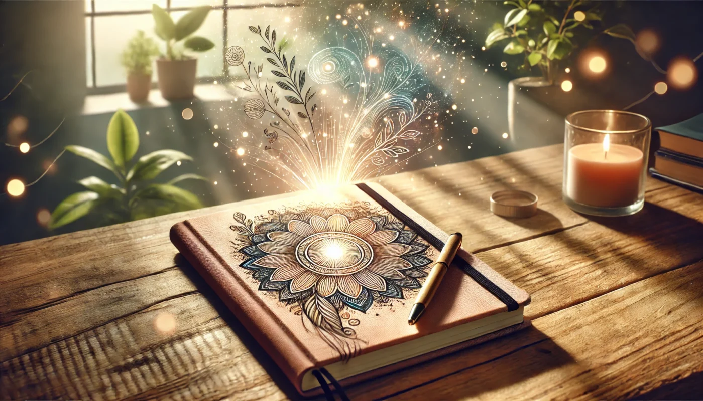 An artistic illustration of a gratitude journal placed on a wooden table with a pen, surrounded by soft glowing light symbolizing positivity and emotional well-being. The background features faint silhouettes of greenery and sunlight streaming through a window, creating a serene atmosphere.