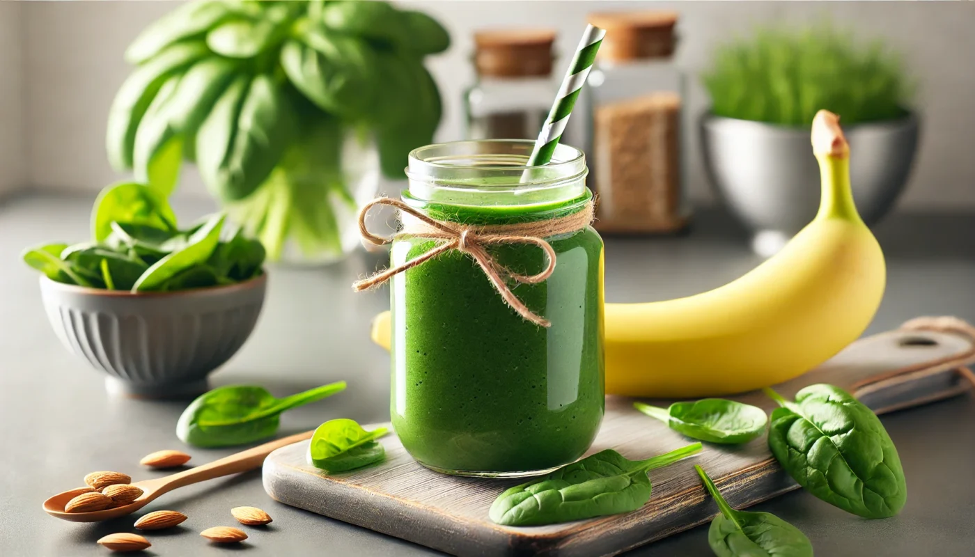 A green smoothie made with fresh spinach, banana, and almond milk, served in a glass jar with a straw, placed on a modern kitchen counter with spinach leaves and a banana in the background, illustrating a nutritious anti-inflammatory drink.