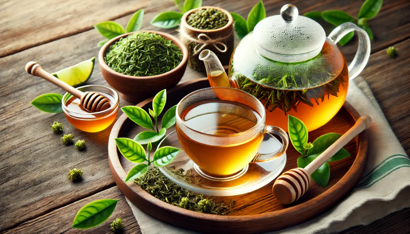 A widescreen image showcasing a clear glass teapot with freshly brewed green tea, accompanied by a matching teacup on a wooden tray. Fresh green tea leaves and a bowl of honey emphasize the anti-inflammatory properties of green tea as a natural NSAID.