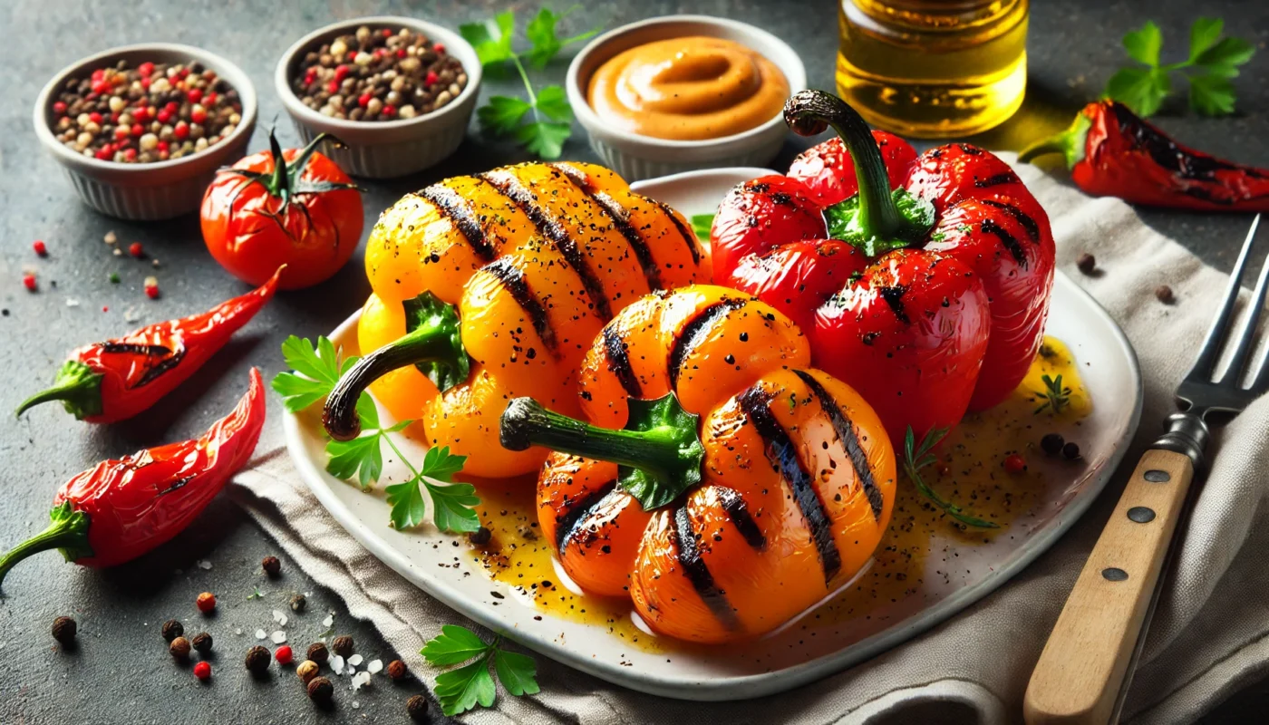 Roasted bell peppers, grilled to perfection and served on a white plate with a garnish of fresh parsley, highlighting their nutritional benefits and anti-inflammatory properties.